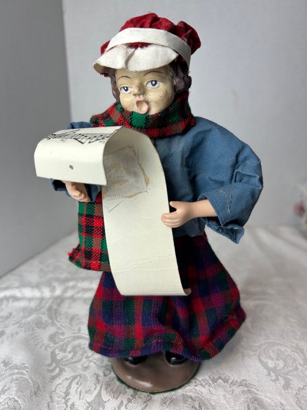 Christmas Caroler Choir Singer Figurine Doll Plaid w/ Music Sheet Whimsy Kitschy